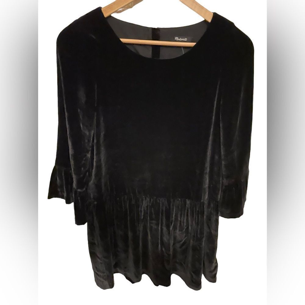 Madewell Black Silk Blend Velvet Bell Sleeve Drop Waist Mini Dress G8345 XXS NEW - Picture 2 of 6